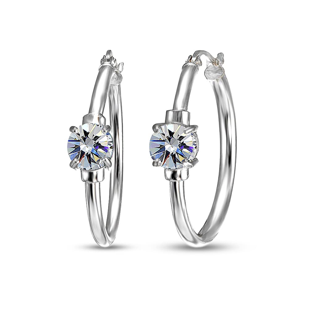 Sterling Silver Round Solitaire 25mm Hoop Earrings Made with European Crystals