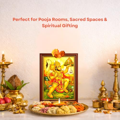 Image of Paramporul Gallery Hanuman Carrying Sanjeevi Parvat Gold Foil Photo Frame for Pooja Room, Hindu God Wall Decor, Ready to Hang, 10x14 Inch