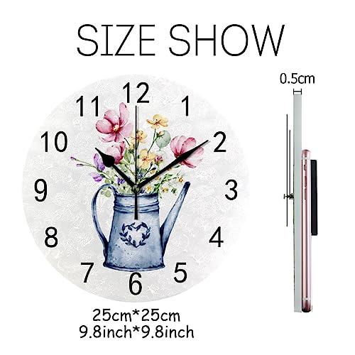 Wall Clock for Living Room Decor Wildflowers Leaves Little Daisy PVC 9.8 Inch Hanging Round Desk Clocks Silent Non-Ticking Battery Operated Easy to Read Bathroom Kitchen Office