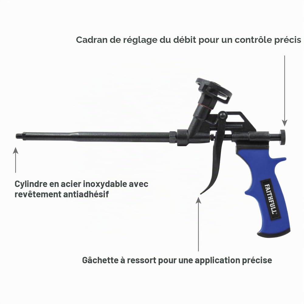 Faithfull Pistolet à mousse antiadhésif, très résistant, corps anti-adhésif entièrement revêtu, corps et aiguille en acier inoxydable, applicateur de pulvérisation de mastic