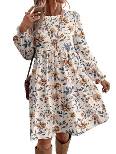 SweatyRocks Winterkleider Damen Große Größen Langarm Kleid Mit Blumen Shirtkleid Italienische Mode Blusenkleid Hemdblusenkleid Midikleid Beige 2XL