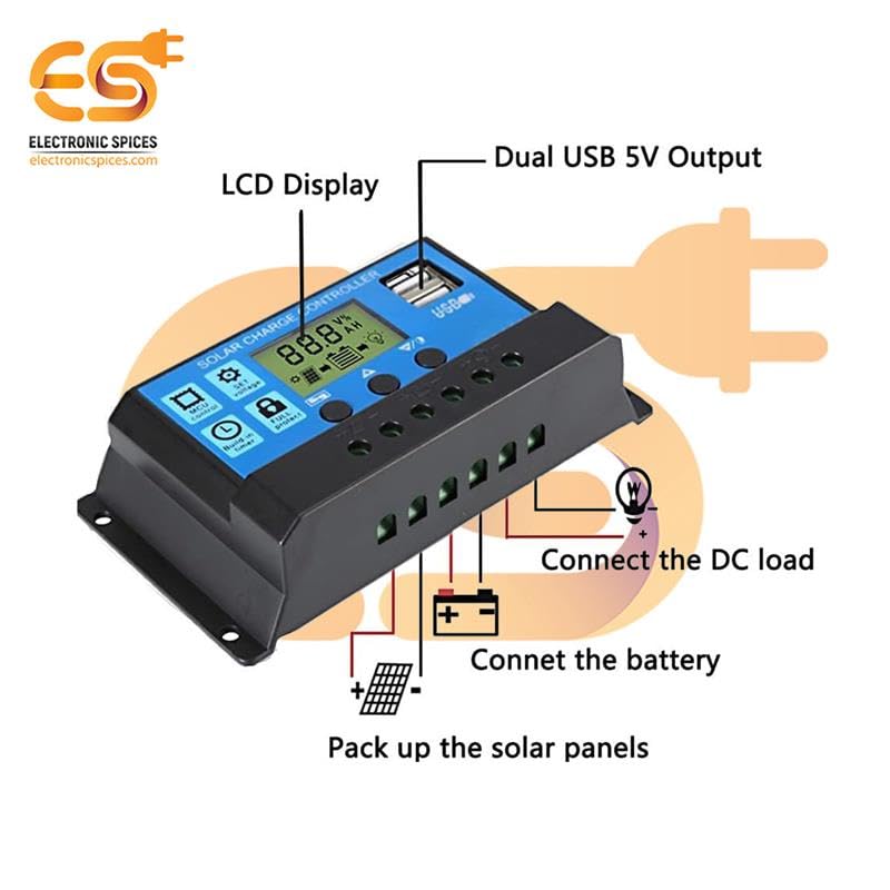 Electronic Spices W88-A 10A Solar Charger Controller with LCD Display USB Port 12V/24V - Image 2 thumbnail