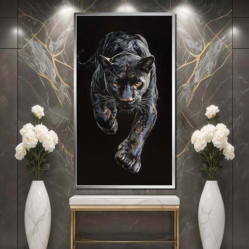 Panthère noire force et puissance tableau animalier art moderne 120cm