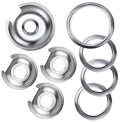 Electric Stove Burner Drip Pan 1 Large 8 Inch WB32X10013 &3 Small 6 Inch WB32X10012 Chrome Drip Pans with 4 Pcs Trim Rings by Blutoget- Fit for GE Hotpoint Stove Drip Pans - 4 Drip Pans &4 Rings