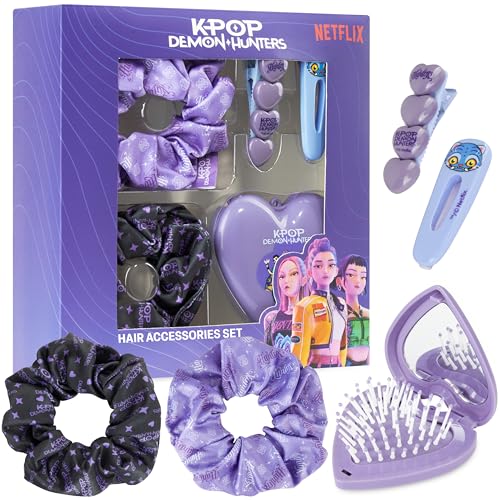 Get Trend Kpop Demon Hunters Huntrix Hair Accessories for Girls and Teens 5 Piece Set with Hair Clips Scrunchies & Foldable Hair Brush with Compact Mirror For School Outing and Travel Kpop Gifts