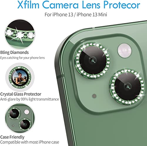 Image of inchCamera Lens Protector Ring Compatible with iPhone 13 / iPhone 13 Mini, Luxury Diamond Design Camera Lens Protection Cover, Anti-Scratch, Anti-Fingerprint, Durable Metal Ring Guard for Stylish Lens Protection inchGreen
