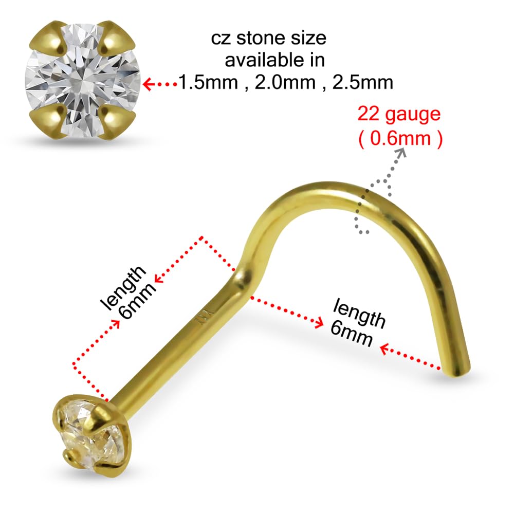 Piercing de nariz de oro amarillo macizo de 18 quilates con circonita cúbica redonda de 1,5 mm, calibre 22, piercing de nariz, 22 gauge, Circonia cúbica, Circonia cúbica