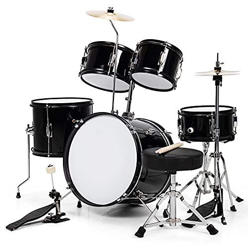Costzon 16â€ Kids Drum Set, 5-Piece Full Size Complete Junior Drum Set with Adjustable Throne, Cymbal, Hi-Hat, Pedal & Drumsticks, Beginner Drum Kit with Bass Snare Tom Drum, Age 3-12, Black