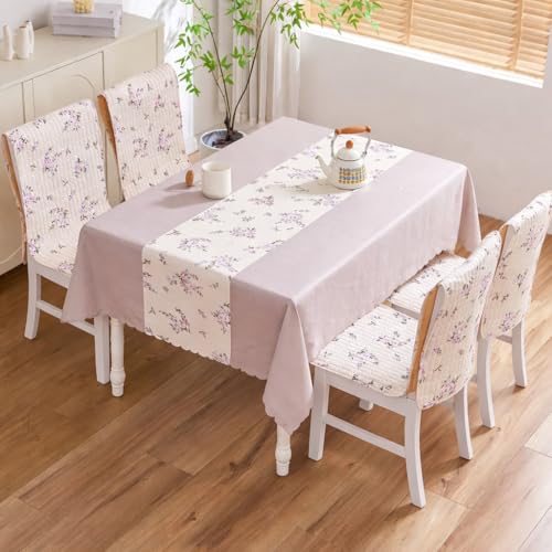 Image of HOMETHREADS Floral Cotton Chair Cover Set | Soft & Comfortable Seat Covers with Anti-Skid Non-Slip Backing + Waterproof Dining Table Cover (140x180 cm) (Beige Purple, 4 Chair Covers + 1 Table Cover)