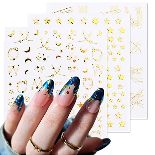 Metallic Moon Stars Nail Art Stickers Decal Nail Supplies 3D Self-Adhesive Gold Geometry Star Moon Planet French Line Design Nail Decals for Acrylic DIY Women Manicure Tips 6 Sheets-Gold