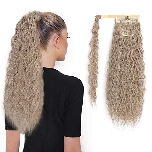 Stamped Glorious Long Corn Wave Ponytail Extension Magic Paste Heat Resistant Wavy Synthetic Wrap Around Ponytail Black Hairpiece for Women (22inch, 1111)