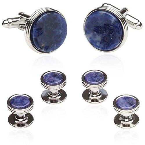 Blue Sodalite Tuxedo Shirt Cufflinks Studs Formal Set for Men with Travel Gift Box Lapis Lazuli Blue Cufflinks and Studs4