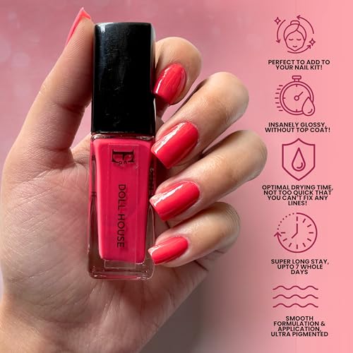 Image of Ellement Co Doll House Glossy Nail Paint for Women 10ML | Long Lasting High Shine Nail Colour | Quick Dry Formula with Smooth Streak-Free Application | Chip Resistant Professional Finish | Vegan, Non-Toxic, Paraben Free & Dermatologically Tested Nail Polish