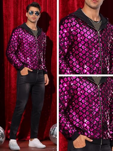 Image of Lars Amadeus Argyle Sequins Jackets for Men's Long Sleeves Metallic Shiny Hooded Disco Jacket