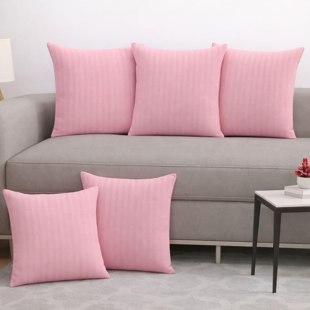 Cotton Striped Small Size 16x16 inches Set of 5 Cushion Cover-(40x40cm) (Pink)-image-45