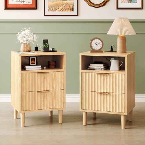 Image of VINGLI Fluted Nightstands Set of 2 with Charging Station, Wood Nightstand 2 Drawer, Mid Century Modern Nightstands for Bedroom, Fluted Bed Side Table, Oak Night Stands Set 2