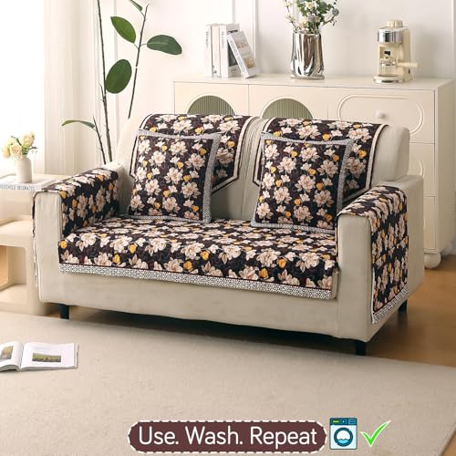 Image of HOKIPO 'Florentina Series' Premium Holland Velvet Sofa Cover Mat for 2 Seater Sofa with Foam Filling for Extra Softness, Anti-Slip Backing, Camellia Brown (IN-879-V2)