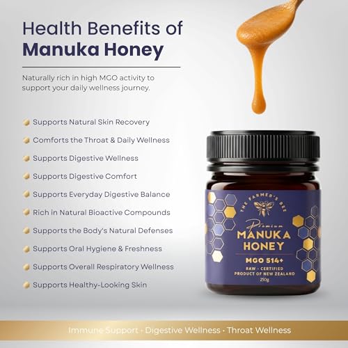 Image of THE FARMER'S BEE New Zealand Manuka Honey MGO 514+ (15+) | Monofloral Raw Honey | MGO Tested | Premium Imported Honey | Natural Face Mask, Skin Care & Minor Cuts | Throat & Respiratory Wellness | 250g