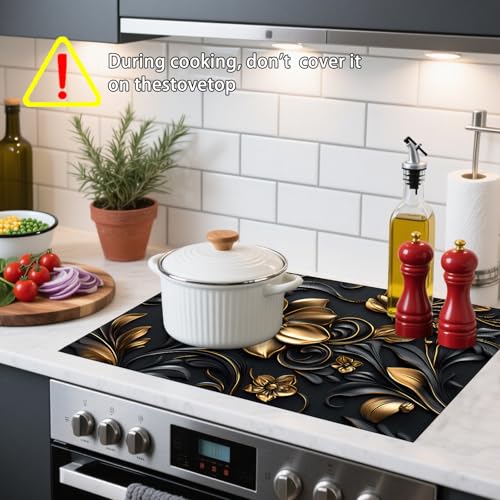 Image of Nuxovilar Black Gold Flower Stove Cover Diatom Mud 20.47x28.34 In | Glass Protector Countertop Mat Counter Saver Cooktop Cover Kitchen Cooking Area Home (Black Gold Floral)