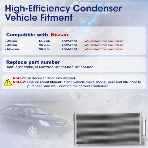 Image of Air Conditioning A /C Condenser Compatible with Nissan Altima Maxima # 3057, CN3057PFC, 921007Y000, 921008J000, 921008J050