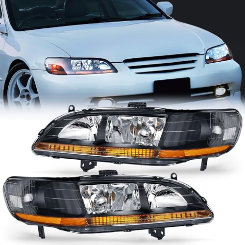 Nilight Headlight Assembly Compatible with 1998 1999 2000 2001 2002 Honda Accord Headlamps Replacement Black Housing Amber Reflector Upgraded Clear Lens Driver and Passenger Side