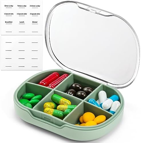 1 Pack, 6 Grid Travel Pill Organizer with Labels, Small Portable Pocket Pharmacy, Handy Pill Holder Box, Mini Medicine Container Case, Daily Weekly 7 Day Medication Organizer, Med Wallet – Green
