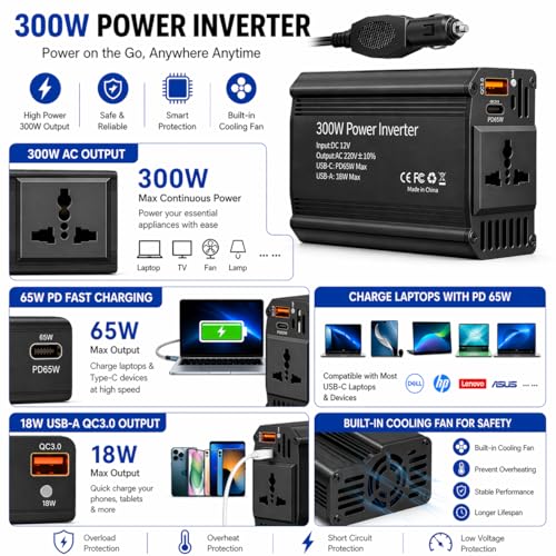 Image of Primate 300W Car Power Inverter with Universal AC Socket, 65W Type-C PD & 18W QC 3.0 USB-A Ports, 12V Car Plug, Aluminum Alloy Body, car Fast Charger for Laptop,Tablet,Smartphone and Travel for Travel