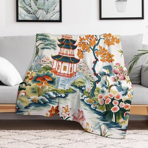 Masiledy THROW BLANKETS Chinoiserie Chic Asian Pagoda Blanket Asian Style White Coral Blue Summer Throw Blanket 50 Inchx60 Inch Flannel Fleece Throw Blanket thumb #4