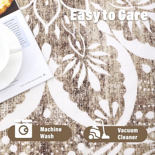 Image of Carvapet Round Rugs Vintage Circle Rug - Washable Non Slip Rubber Backing Foldable Low Pile for Living Room Bedroom, 4 ft Brown Rug
