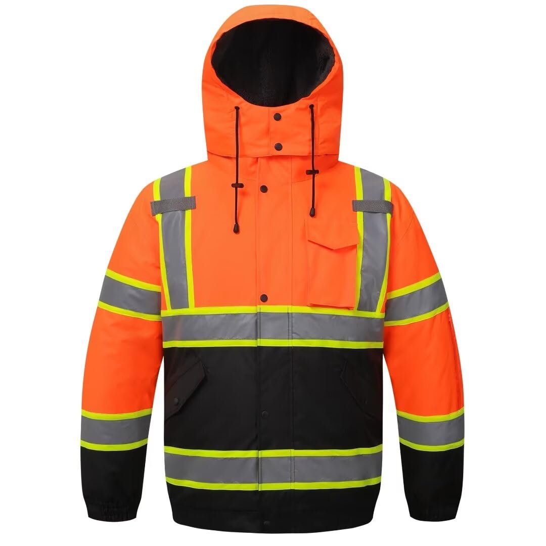 TOKISHI High Visibility Hoodie For Men Reflective Safety Jacket Zipper Men'S/Women'S Construction Work Safety Insulated Parka