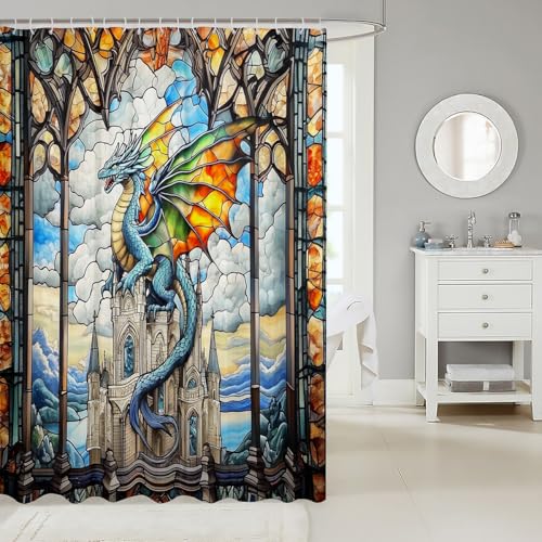 Rideaux de douche pour enfants style patchwork géométrique dragon bleu