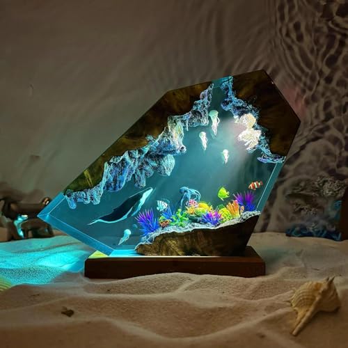 Lámpara artística de resina oceánica con control de color, base de madera, luz nocturna para decoración de escritorio, escritorio de oficina, decoración de baño