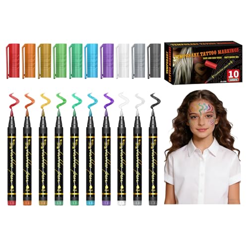 VBK 10 Stylos Tatage Temporaire, Stylos Maquillage Corps Double Pointe, 10 Couleurs Vives pour Dessin sur Peau, Sécuritaire pour Enfants et Adultes, Idée...