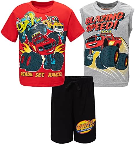 Blaze and the Monster Machines Stripes Zeg T-Shirt Tank Top &amp; Bike Shorts French Terry 3 Pcs Set Toddler to Big Kid
