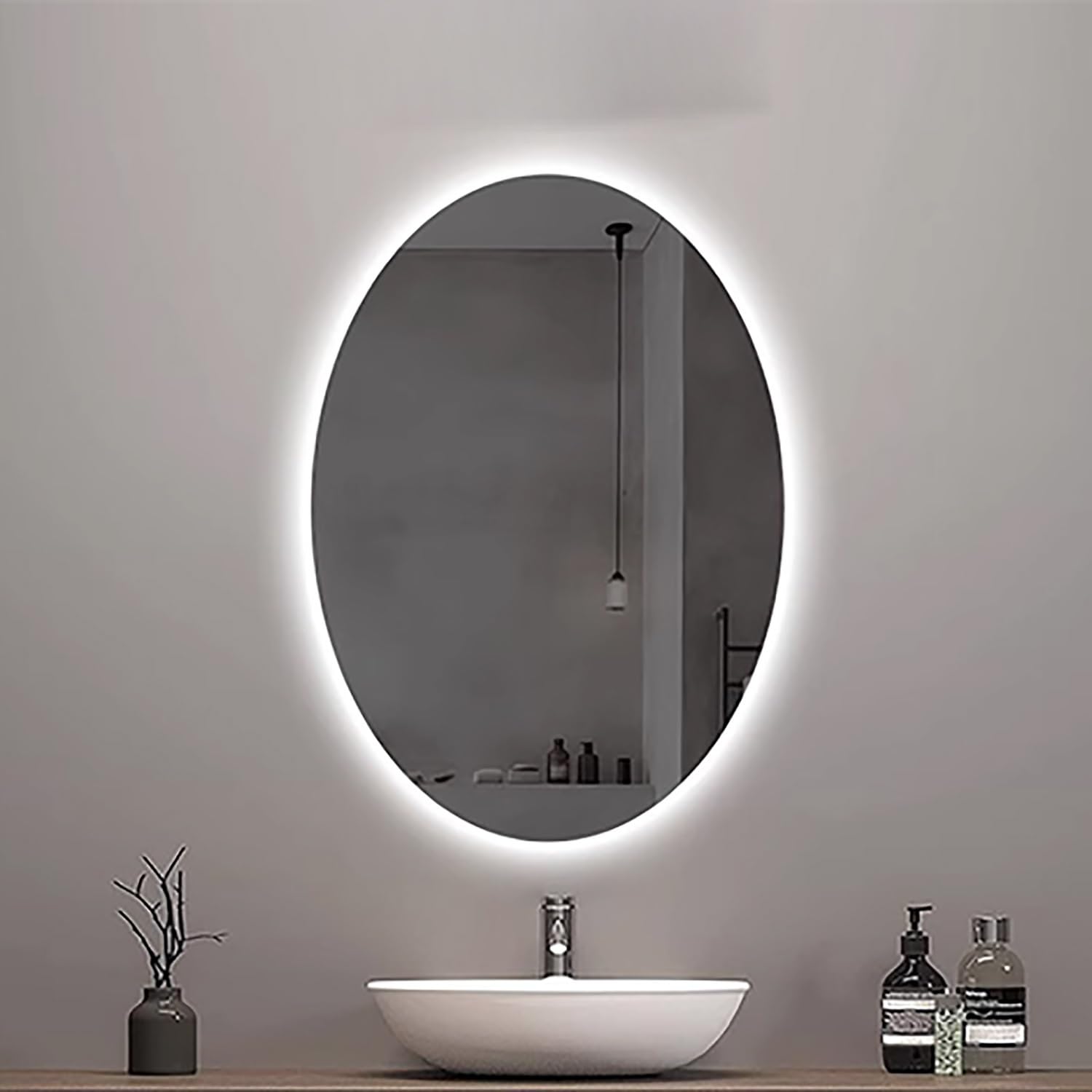 Lustro ścienne podświetlane LED, owalne, 100 cm, duże, bez ramki, z podświetleniem, włącznikiem dotykowym, nieparujące, inteligentne lustro łazienkowe, 3 kolory światła, możliwość ściemniania