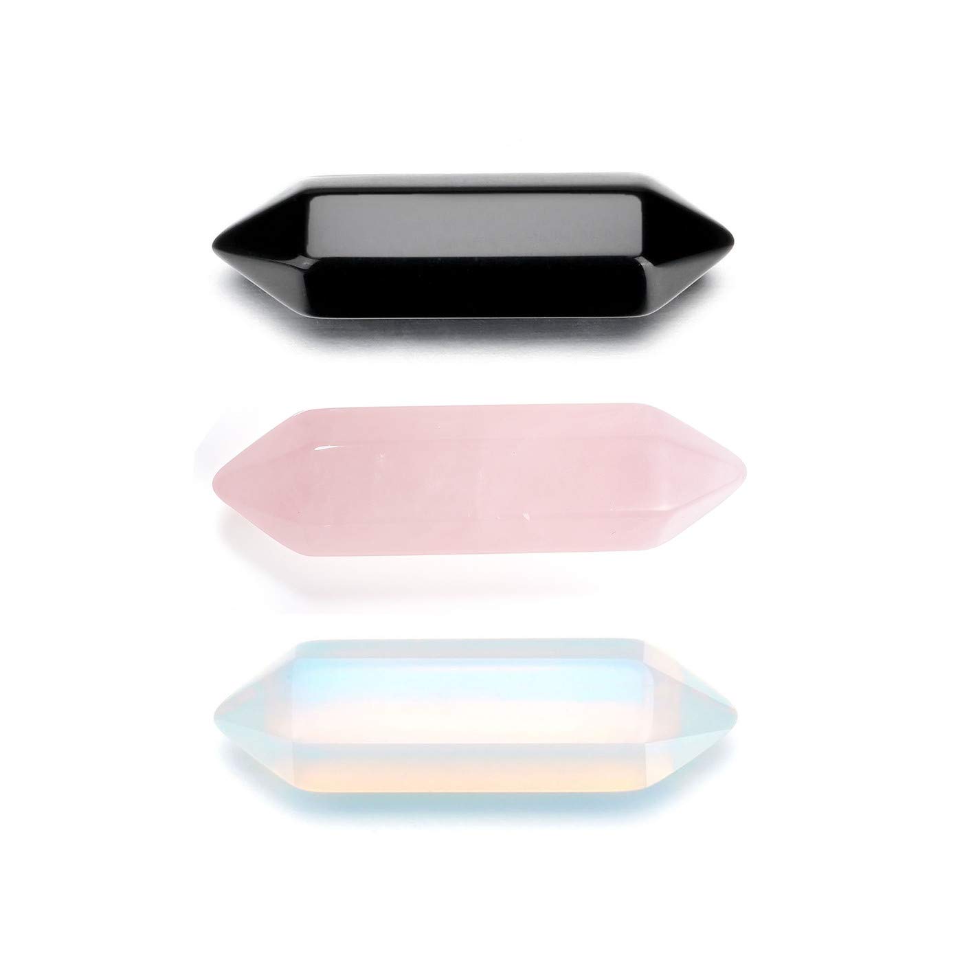 PESOENTH Healing Crystals Wands Set 1.2" Rose Quartz Points Black Obsidian Opalite Crystal Gemstones Reiki Chakra Stone Pointed Faceted Prism Energy Meditation Therapy Home Decor,3pcs