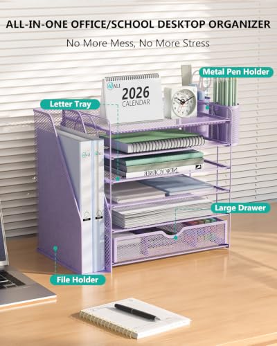Image of WALI Desk File Organizer, 6 Tier Desktop Paper Letter Tray Organizer with Drawer and 2 Pen Holders, Office Desk Accessories & Workspace Organizers for Office, Home Supplies(DO007DH-V), 1 Pack, Purple