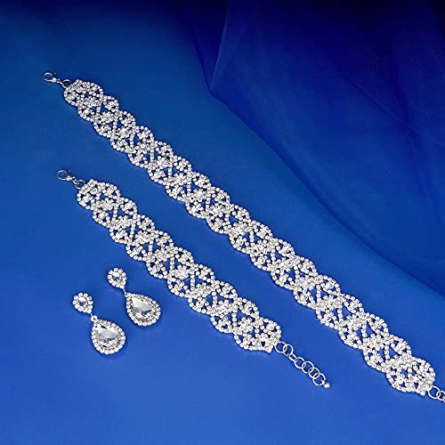 3 Pack Rhinestone Crystal Choker Necklace Link Bracelet Teardrop Dangle Earrings Jewelry Sets For Women Girls #TOP4