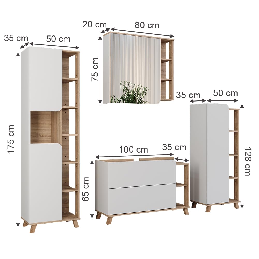 Vicco Conjunto de Muebles de baño Karen, Sonoma/Blanco, 100 cm | compuesto por mueble bajo lavabo, espejo, columna alta y columna media