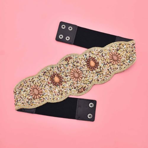 Bohemian Women Belts Wide Beaded Flower Elastic Waist Cinch Belt Handmade Stretchy Vintage Waist Belt4