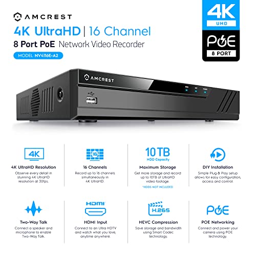 Amcrest 4K 16CH 8 Port PoE NVR (1080p/3MP/4MP/5MP/8MP) Network Video Recorder, 16CH (8-Port PoE) NVR - Supports up to 16 x 8-Megapixel IP Cameras, Supports up to 10TB Hard Drive NV4116E-A2 - Image 3