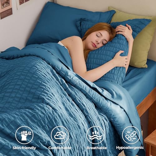 Image of HYMOKEGE Teal Twin XL Comforter Set Seersucker 5 Pieces, All Season Luxury Bed in a Bag for Bedroom, Bedding Set with Comforter, Sheets, Pillowcase & Sham