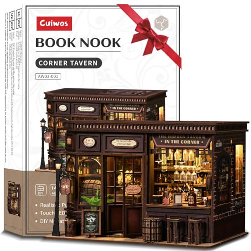 Book Nook Kit - Corner Tavern DIY Miniatur Holzpuzzle | Vintage Pub Themed 3D Puppenhaus mit LED Lichtern | Realistische Bar Dekor für Zuhause & Bücherregale | Einzigartiges handgemachtes Handwerk