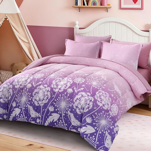 Image of Dinjoy Girls Comforter Set 7 Pieces, Queen Size Colorful Ombre Rainbow Bedding Set, Bed in A Bag for Kid Teen Girls (1 Comforter, 1 Flat Sheet, 1 Fitted Sheet, 2 Pillow Shams, 2 Pillowcases)