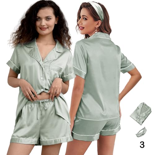 Image of 3Pcs Silk Pajamas XS-4XL Womens Satin Pajama Short Floral Sleepwear Bride Soft Pj Lounge Sets Pjs Shorts Set