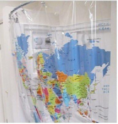 High-grade Clear Thickened PVC Shower Curtain with World Map Pattern, Fashion Bathroom Accessory, Waterproof and Mildewproof Shower Curtian, 72 x 80 inches (180 x200cm)