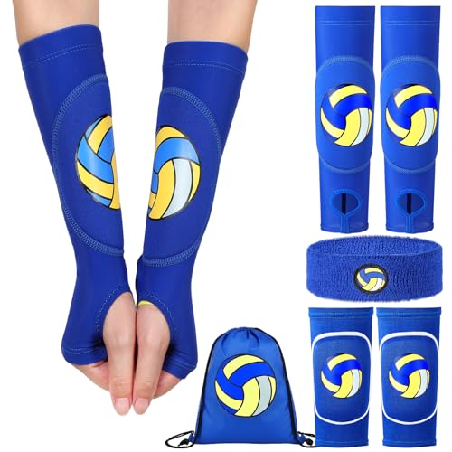 Aoriher 4 Pcs Volleyball Accessories Include Knee Pads Arm Sleeves Drawstring Bag Headbands Volleyball Gear for Women(Blue)