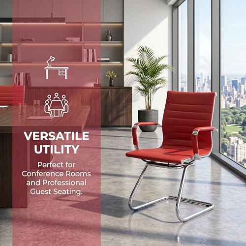 Image of Office Desk Chair Set of 4,No Wheels PU Leather Computer Chairs Mid Back Guest Chairs with Seld Base for School /Reception /Conference /Waiting Room, Burgundy Red