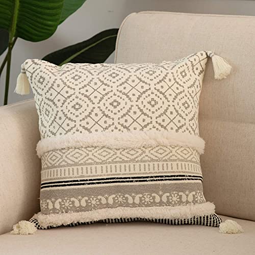 Image of Modern Homes Boho Tufted Decorative Throw Pillow Covers for Couch Sofa - Moroccan Style Cushion Covers with Tassels, Accent Decor Pillow for Bedroom Living Room (Grey, 16x16 inch)