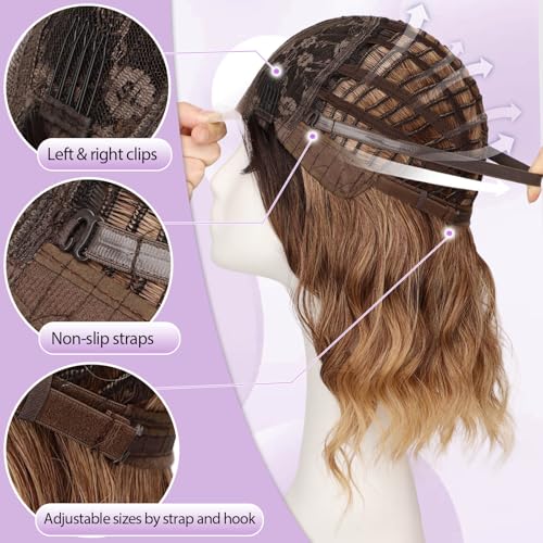 Image of Eawwii Wigs for Women Ombre Honey Blonde,Short Wavy Synthetic Lace Wig | Glueless 4x1 Lace Hairline, Heat-Resistant Fiber,Bob Wave Style,Natural Appearance for Everyday Cosplay 14 Inch